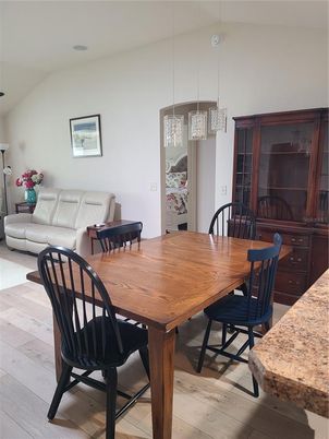 Dining room, Interior, Living room, Pendant Lights, Wood Texture Flooring