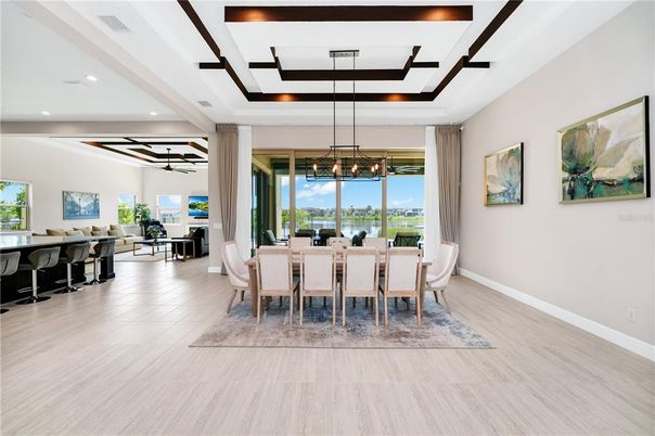 Dining room, Interior, Pendant Lights, Recessed Lighting, Wood Texture Flooring