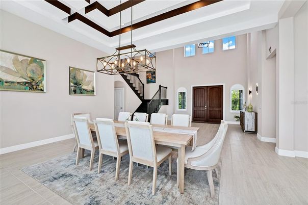 Chandelier, Dining room, Interior, Pendant Lights, Wood Texture Flooring