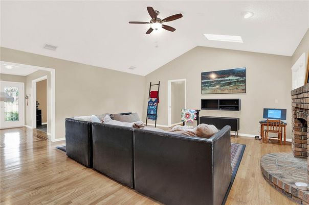 Fireplace, Interior, Living room, Recessed Lighting, Wood Texture Flooring