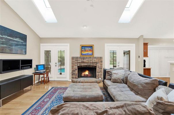 Fireplace, Interior, Living room, Recessed Lighting, Wood Texture Flooring