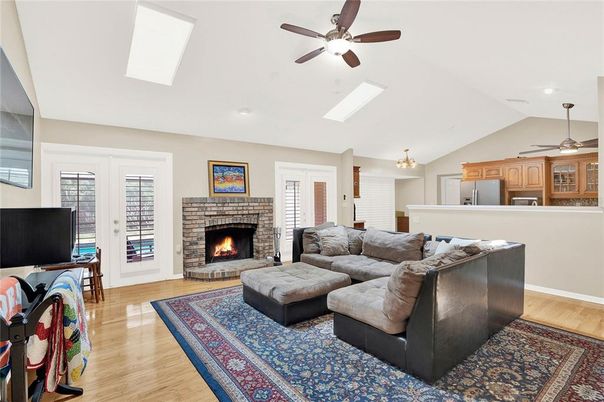 Fireplace, Interior, Kitchen, Living room, Pendant Lights, Recessed Lighting, Wood Texture Flooring