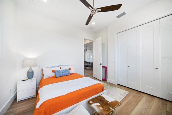 Bedroom, Interior, Recessed Lighting, Wood Texture Flooring