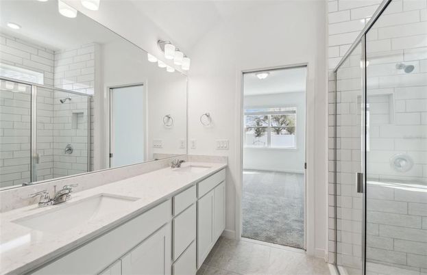 Bathroom, Dual Sink Vanities, Glass Shower, Interior, Recessed Lighting