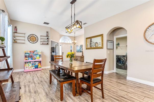 Dining room, Interior, Pendant Lights, Washer, Wood Texture Flooring