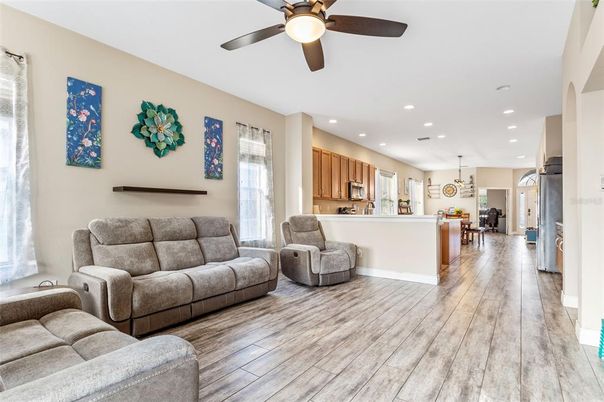 Interior, Kitchen, Living room, Pendant Lights, Recessed Lighting, Wood Texture Flooring