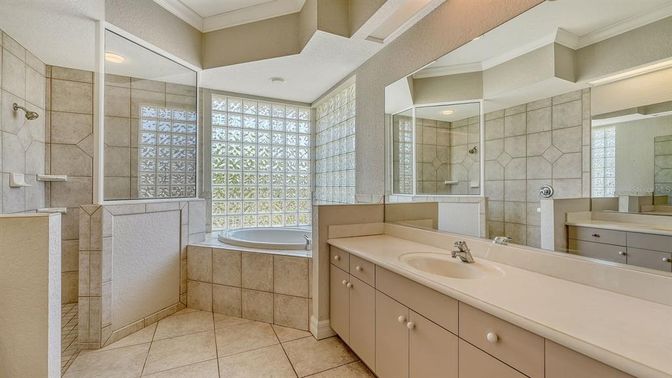 Bathroom, Dual Sink Vanities, Glass Shower, Interior, Recessed Lighting