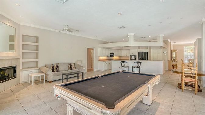 Billiard Table, Dining room, Fireplace, Game Room, Interior, Kitchen, Living room, Recessed Lighting