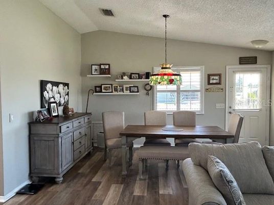 Dining room, Interior, Pendant Lights, Wood Texture Flooring
