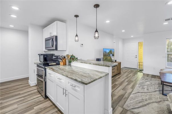 Interior, Kitchen, Pendant Lights, Recessed Lighting, Wood Texture Flooring