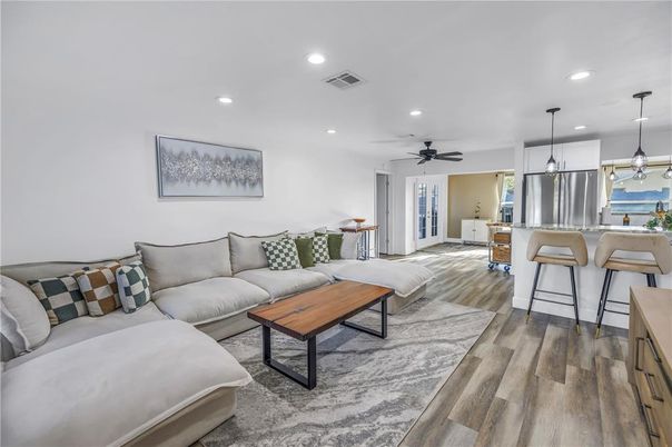 Interior, Kitchen, Living room, Pendant Lights, Recessed Lighting, Stainless Steel Appliances, Wood Texture Flooring