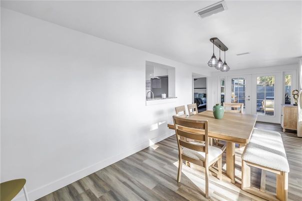 Dining room, Interior, Pendant Lights, Wood Texture Flooring