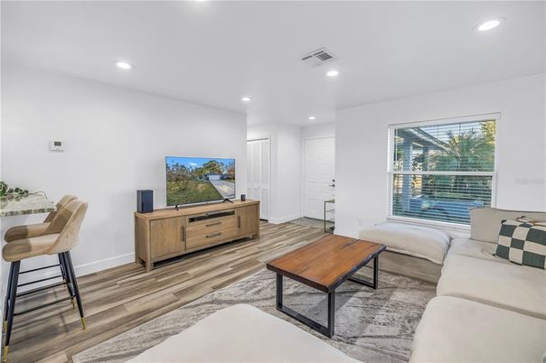 Interior, Living room, Recessed Lighting, Wood Texture Flooring