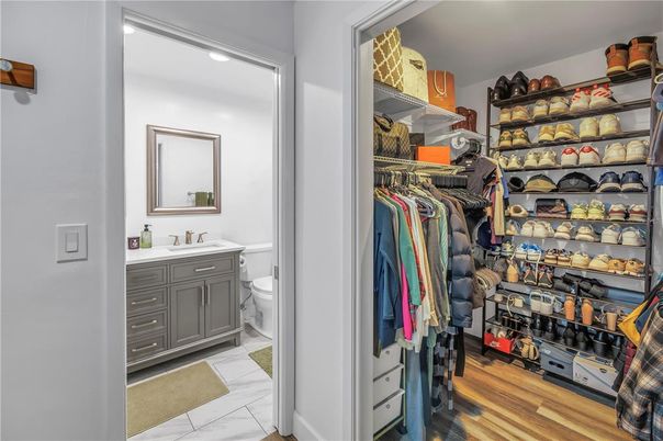 Bathroom, Interior, Marble, Recessed Lighting, Walk-in Closets, Wood Texture Flooring