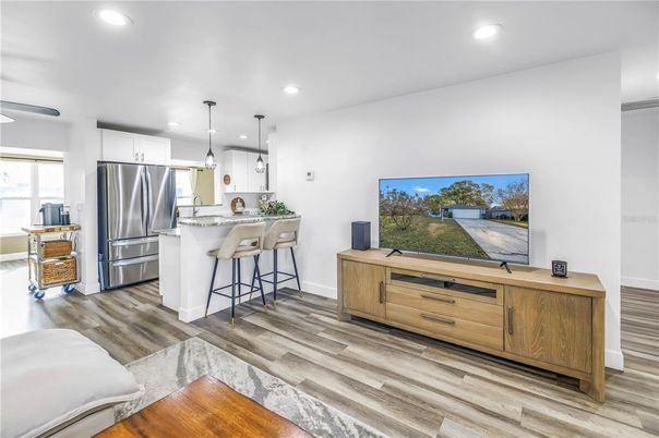 Interior, Kitchen, Pendant Lights, Recessed Lighting, Stainless Steel Appliances, Wood Texture Flooring