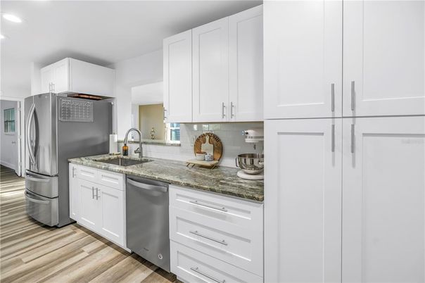 Interior, Kitchen, Recessed Lighting, Stainless Steel Appliances, Wood Texture Flooring