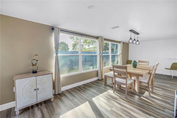 Dining room, Interior, Pendant Lights, Water, Wood Texture Flooring