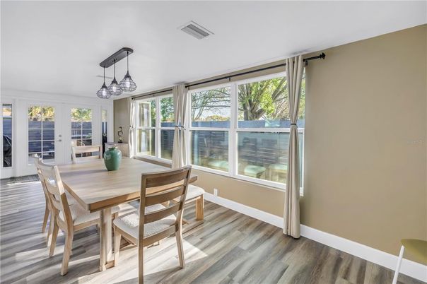 Dining room, Interior, Pendant Lights, Wood Texture Flooring