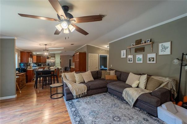 Dining room, Interior, Kitchen, Living room, Pendant Lights, Stainless Steel Appliances, Wood Texture Flooring