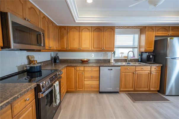 Interior, Kitchen, Recessed Lighting, Stainless Steel Appliances, Wood Texture Flooring