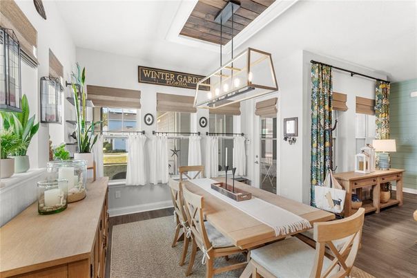 Dining room, Interior, Pendant Lights, Wood Texture Flooring