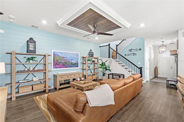 Interior, Living room, Pendant Lights, Recessed Lighting, Wood Texture Flooring