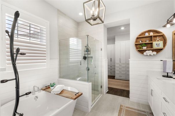 Bathroom, Glass Shower, Interior, Recessed Lighting, Wood Texture Flooring