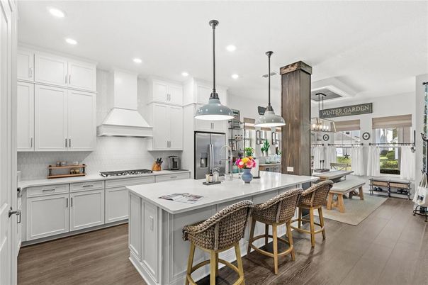Dining room, Interior, Kitchen, Pendant Lights, Recessed Lighting, Stainless Steel Appliances, Wood Texture Flooring