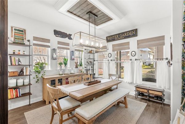 Dining room, Interior, Pendant Lights, Wood Texture Flooring