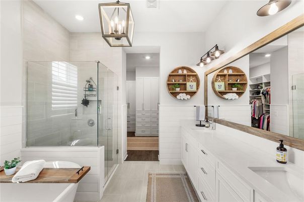 Bathroom, Dual Sink Vanities, Glass Shower, Interior, Recessed Lighting, Wood Texture Flooring
