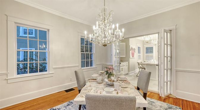Chandelier, Dining room, Interior, Wood Texture Flooring
