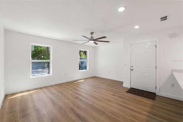 Empty room, Interior, Recessed Lighting, Wood Texture Flooring