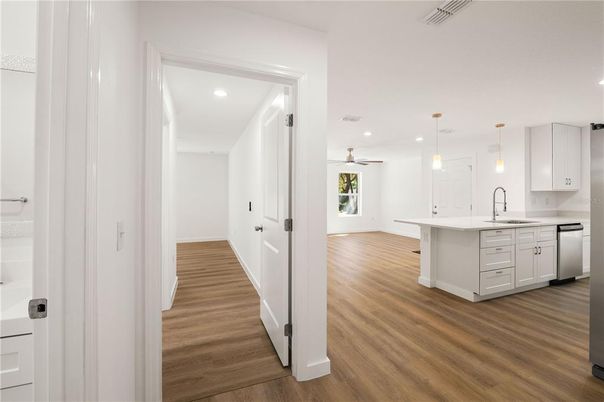 Interior, Kitchen, Pendant Lights, Recessed Lighting, Wood Texture Flooring