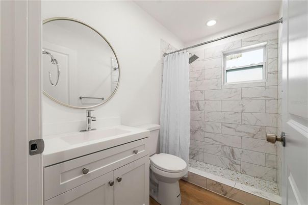 Bathroom, Interior, Marble Walls, Recessed Lighting, Wood Texture Flooring