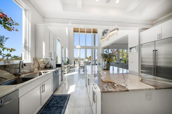 Dining room, Interior, Kitchen, Marble, Pendant Lights, Stainless Steel Appliances