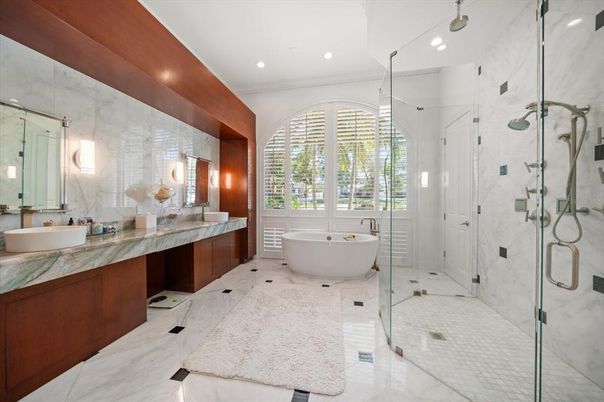 Bathroom, Dual Sink Vanities, Free Standing Baths, Glass Shower, Interior, Marble, Marble Walls, Recessed Lighting