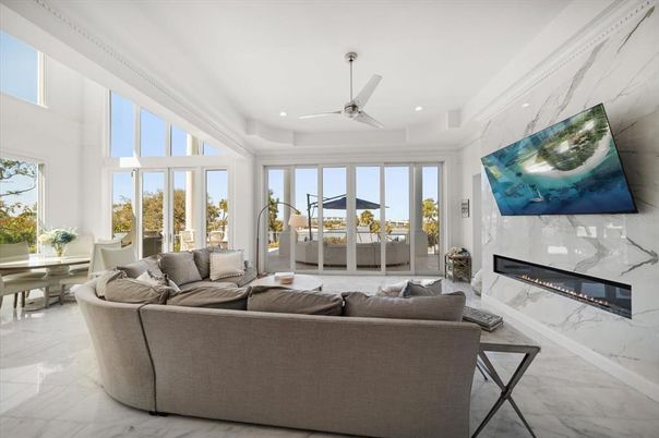 Dining room, Fireplace, Interior, Living room, Marble, Recessed Lighting