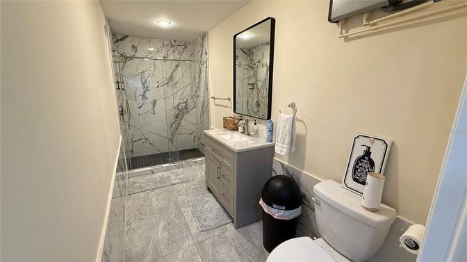 Bathroom, Glass Shower, Interior, Marble Walls, Recessed Lighting