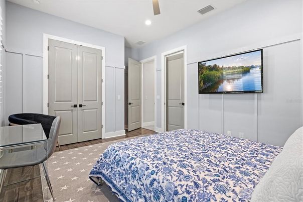Bedroom, Interior, Recessed Lighting, Wood Texture Flooring