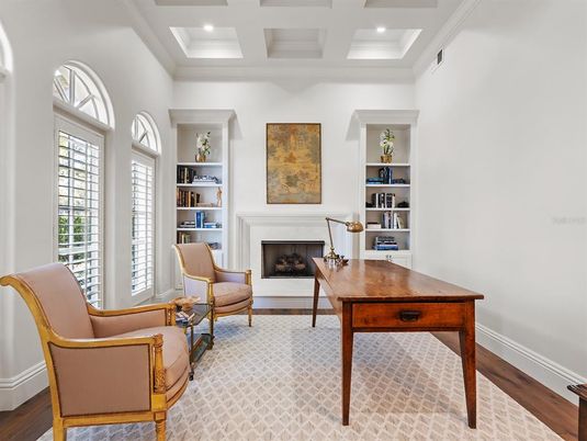 Fireplace, Home Office, Interior, Recessed Lighting, Wood Texture Flooring