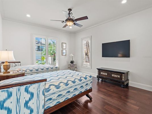 Bedroom, Interior, Recessed Lighting, Wood Texture Flooring