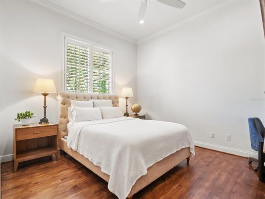 Bedroom, Interior, Recessed Lighting, Wood Texture Flooring