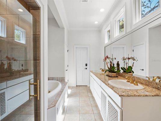 Bathroom, Dual Sink Vanities, Glass Shower, Interior, Recessed Lighting