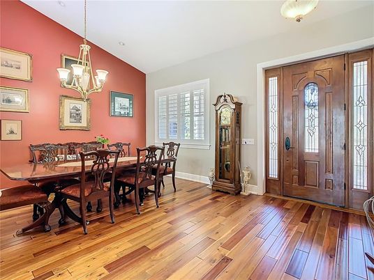 Chandelier, Dining room, Interior, Wood Texture Flooring