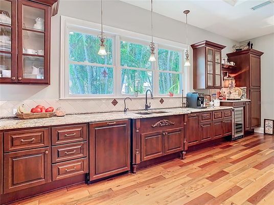 Interior, Kitchen, Pendant Lights, Wood Texture Flooring
