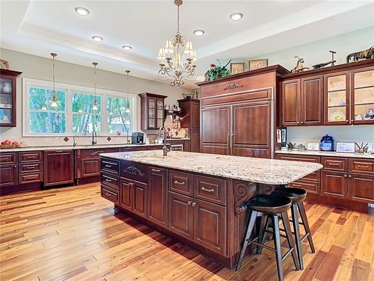 Chandelier, Interior, Kitchen, Pendant Lights, Recessed Lighting, Wood Texture Flooring