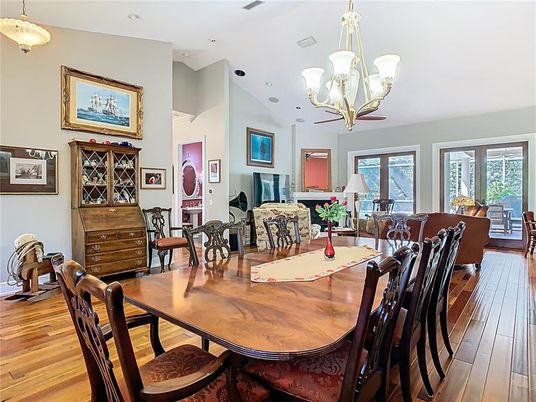 Chandelier, Dining room, Interior, Living room, Recessed Lighting, Wood Texture Flooring
