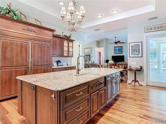 Chandelier, Interior, Kitchen, Recessed Lighting, Wood Texture Flooring