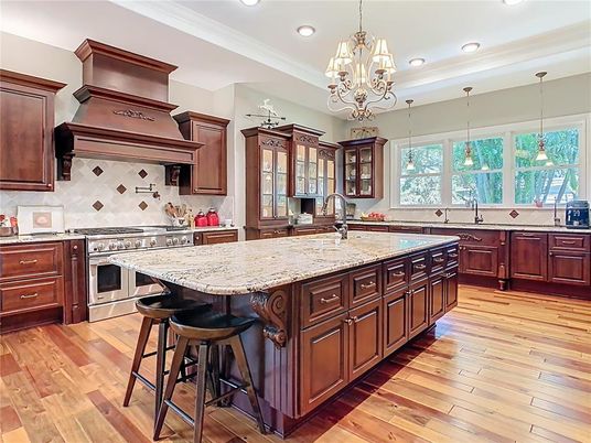 Chandelier, Interior, Kitchen, Pendant Lights, Recessed Lighting, Stainless Steel Appliances, Wood Texture Flooring