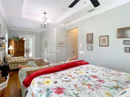 Bedroom, Chandelier, Interior, Wood Texture Flooring